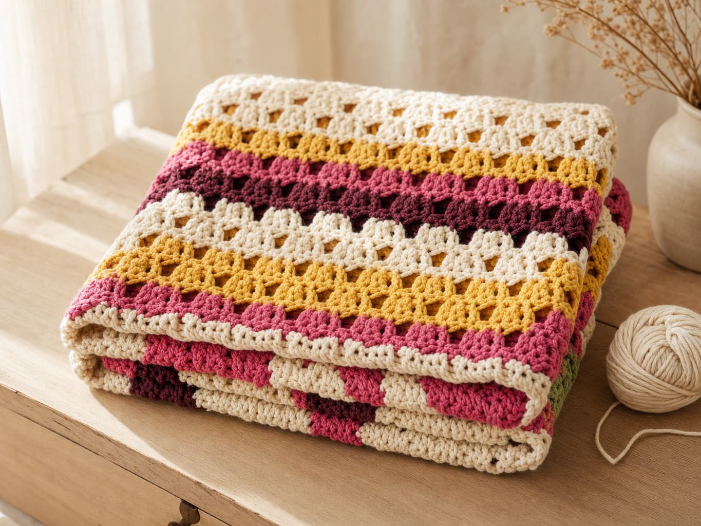 Striped crocheted baby blanket in raspberry, honey and cream