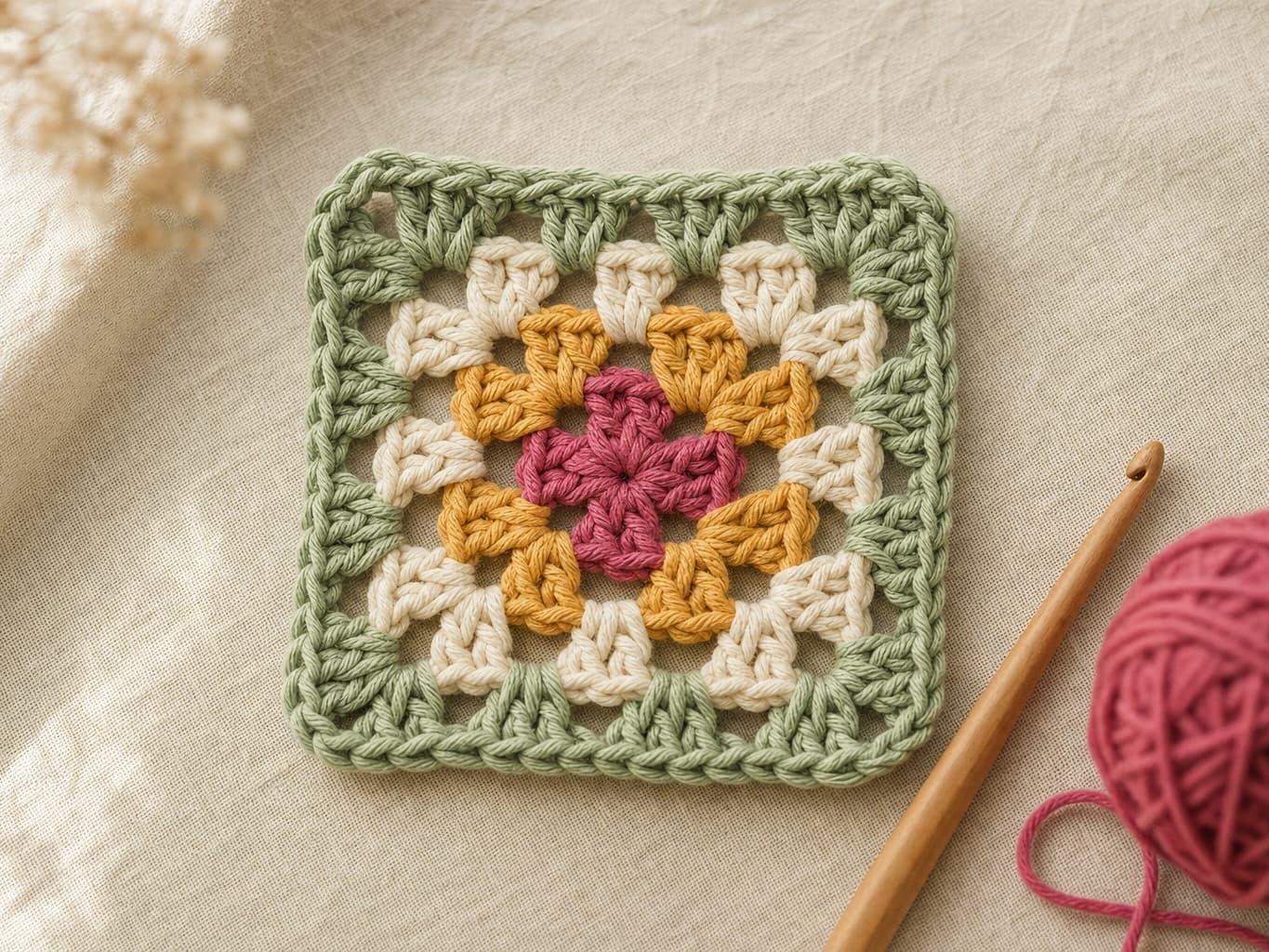 Crocheted granny square in raspberry, honey, cream and sage