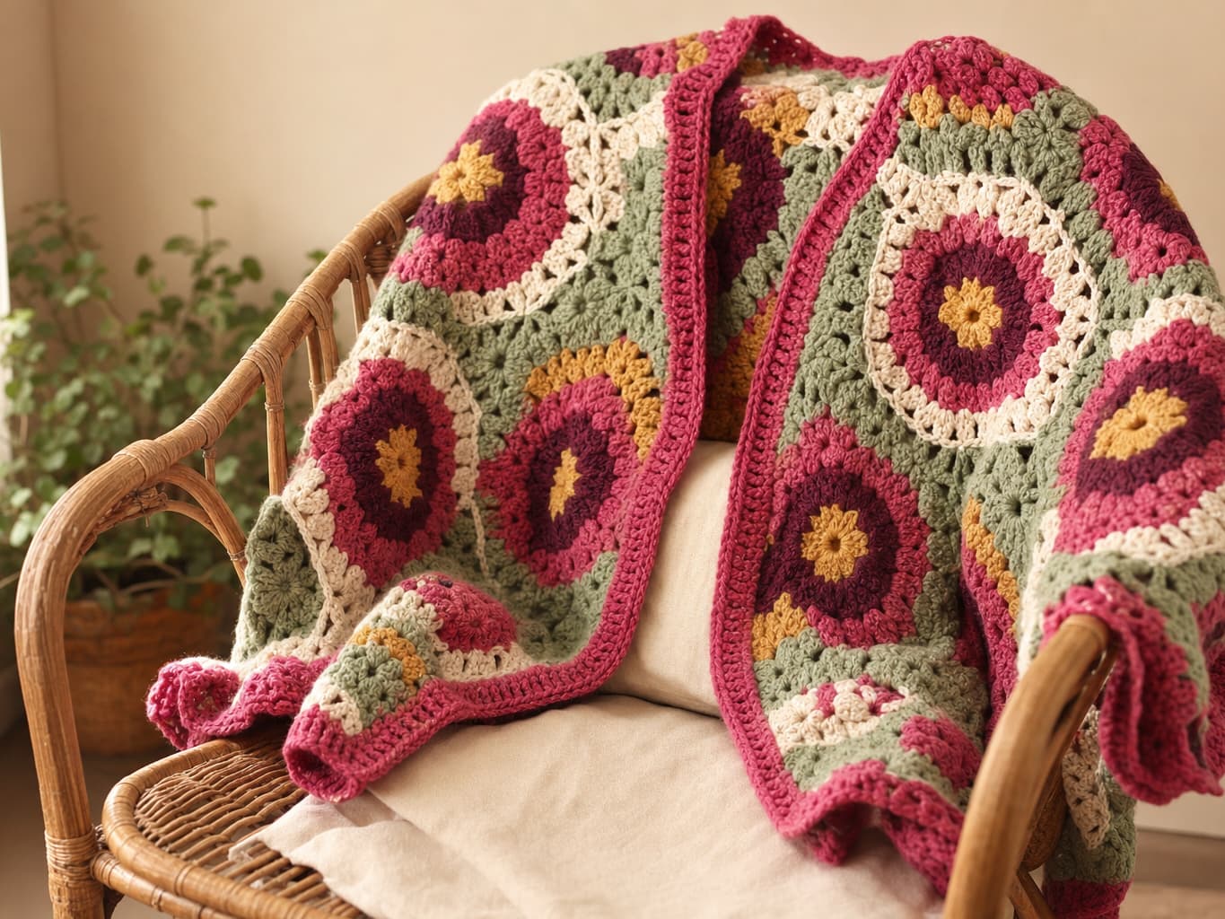 Hexagon motif crocheted cardigan on a rattan chair