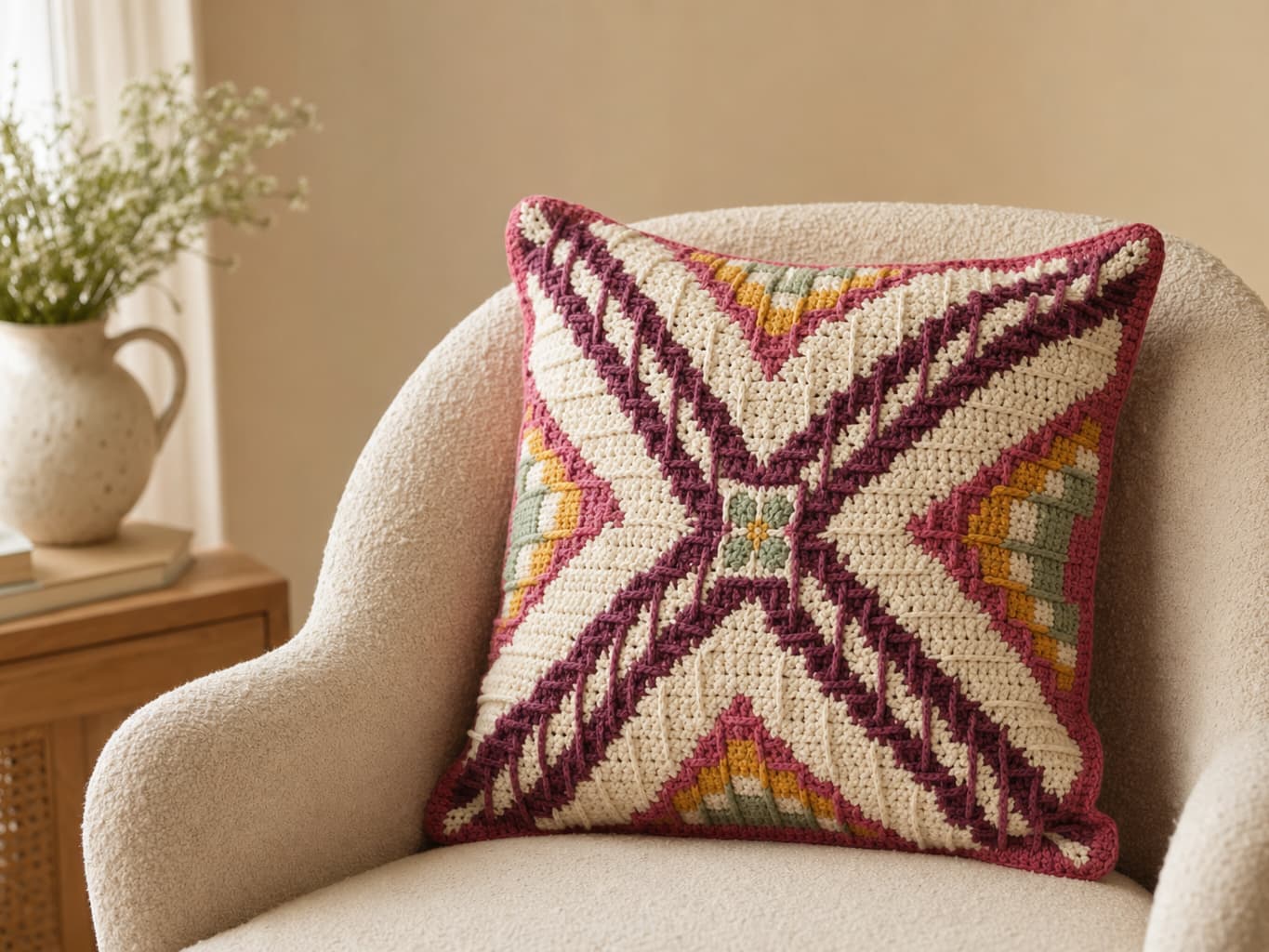 Mosaic crochet cushion with raspberry geometric colorwork
