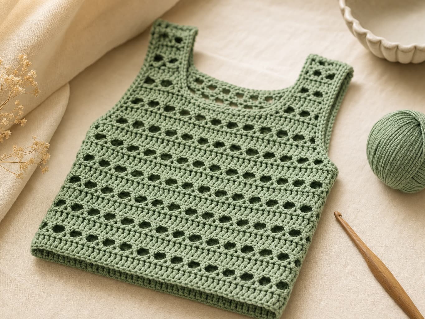 Sage green crocheted tank top on linen