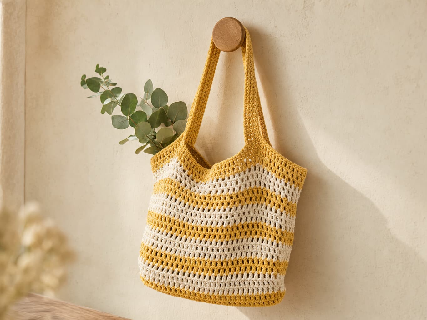 Honey and cream striped crocheted market tote bag